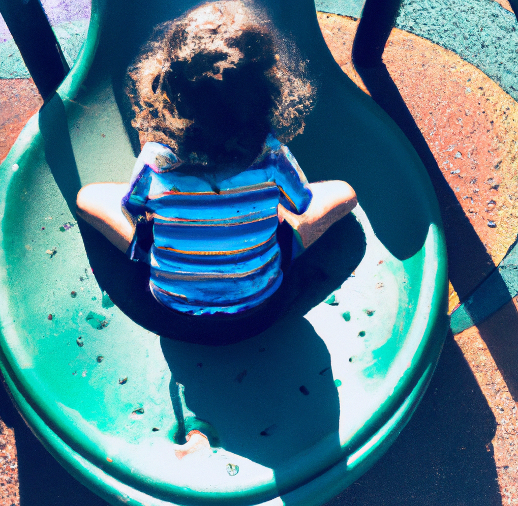 A child playing in a colorful, busy playground, surrounded by various textures, sounds, and smells, while feeling the warmth of the sun on their skin