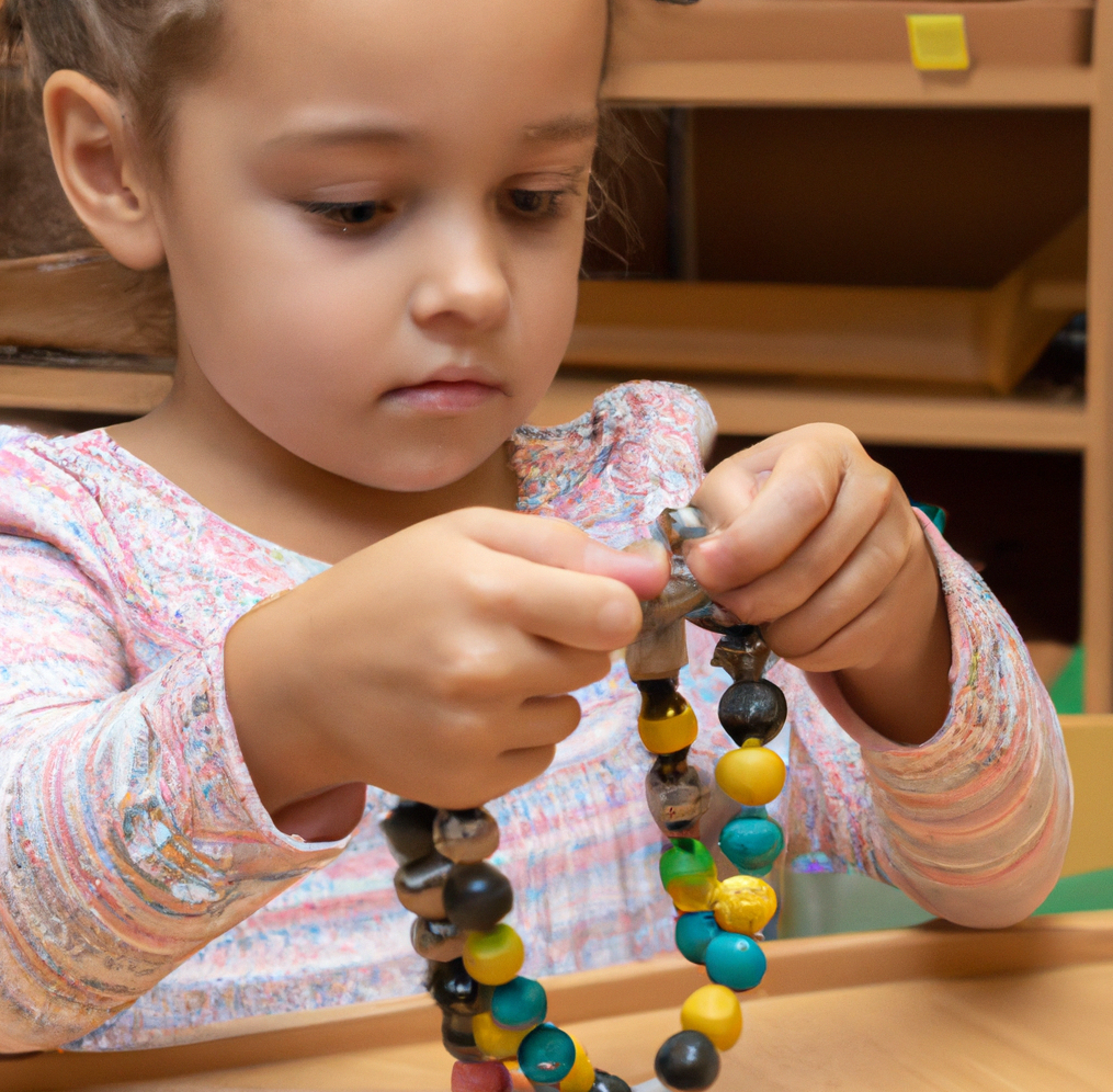 child playing with beads at a desk at school