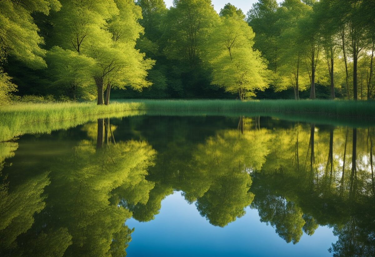 A serene pond reflects the vibrant colors of surrounding trees, with gentle ripples and a clear blue sky overhead