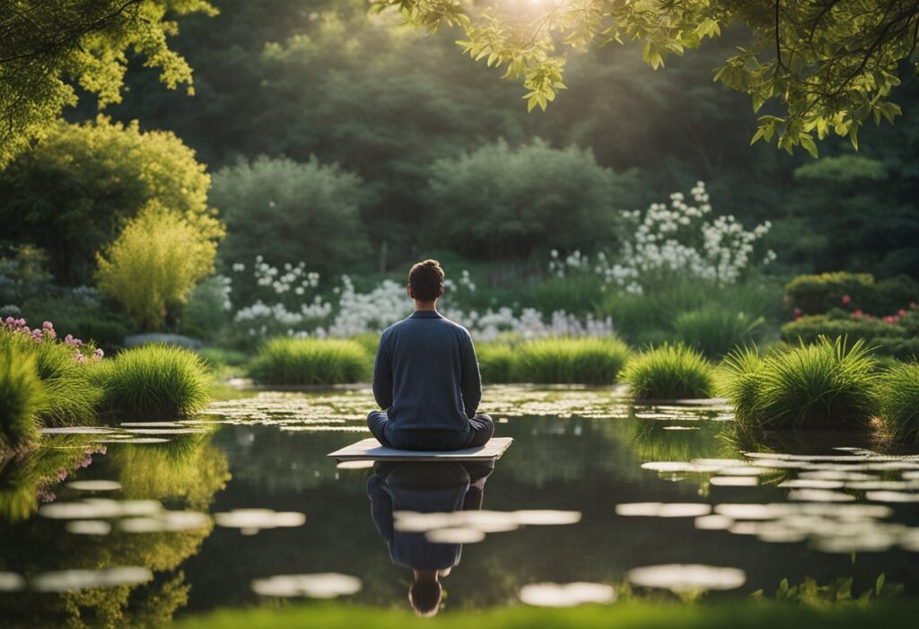 A serene garden with blooming flowers, a tranquil pond, and a peaceful meditator sitting cross-legged, surrounded by nature