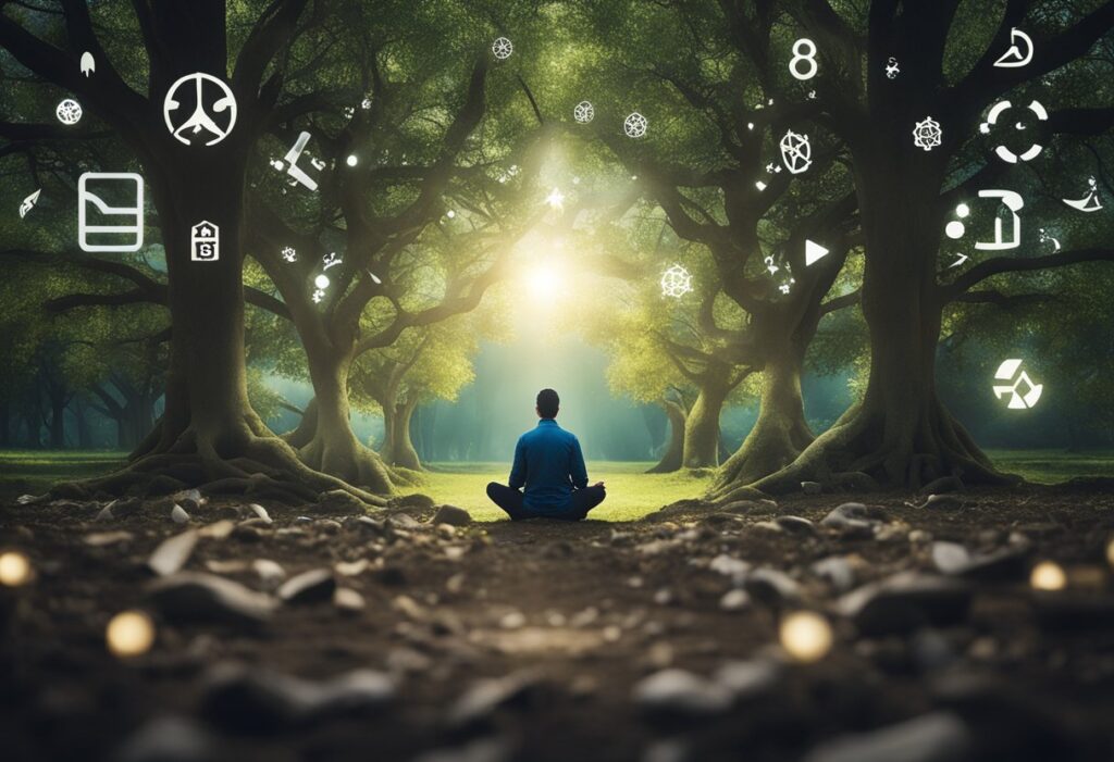 A serene landscape with a figure meditating under a tree, surrounded by symbols of science and research