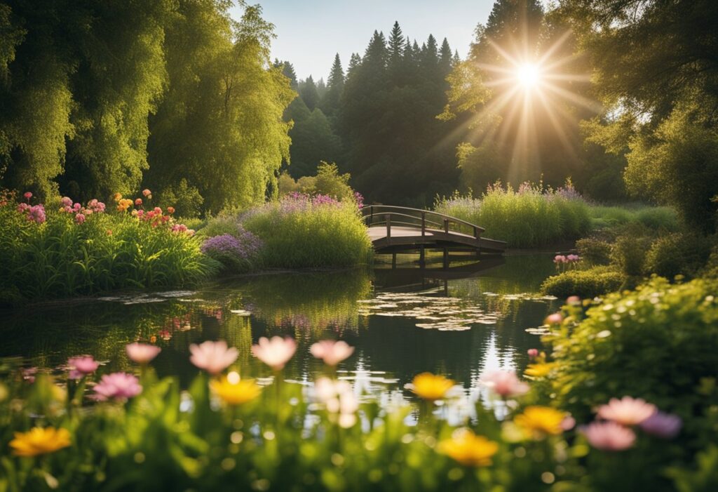 A serene landscape with a tranquil pond, surrounded by lush greenery and colorful flowers. The sun is shining, casting a warm and peaceful glow over the scene