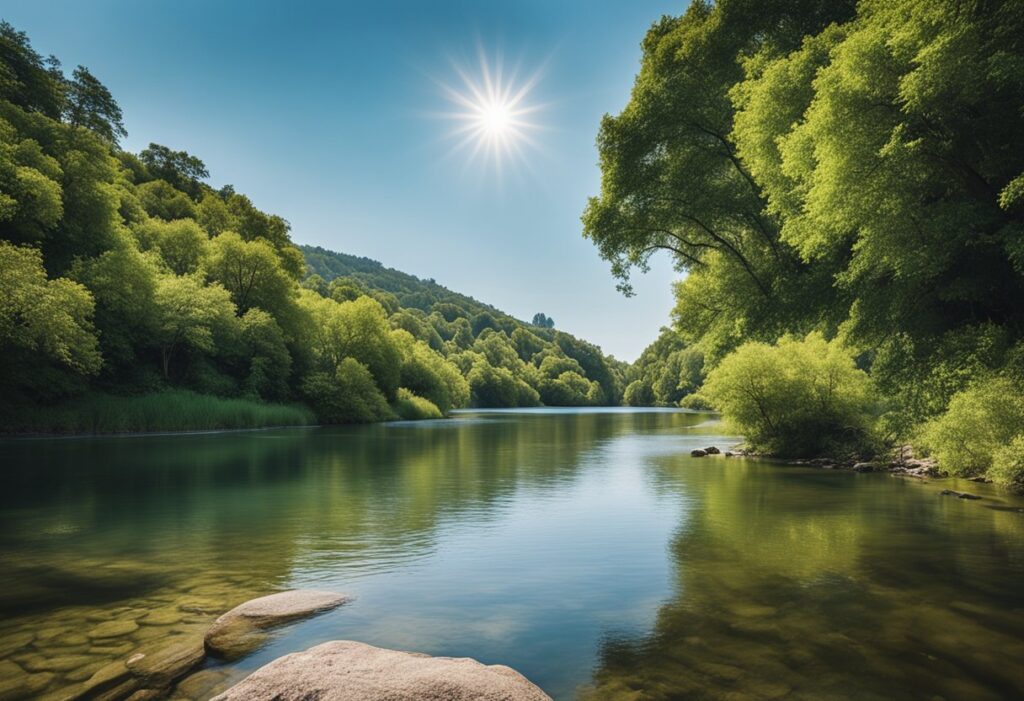 A serene landscape with a peaceful flowing river, surrounded by lush greenery and a clear blue sky, evoking a sense of calm and mindfulness