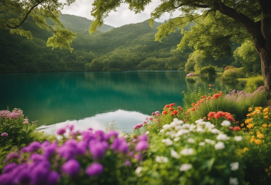 A serene landscape with a calm body of water, surrounded by lush greenery and colorful flowers. The scene exudes tranquility and promotes a sense of inner peace and mindfulness