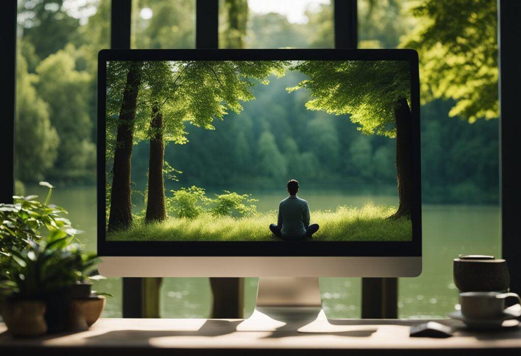 A person sits in front of a computer, surrounded by nature. The screen displays a peaceful scene, while the person practices mindfulness meditation