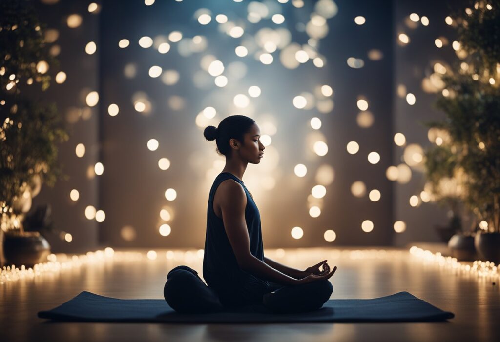 A serene figure meditates in a peaceful, dimly lit room surrounded by gentle, flowing energy