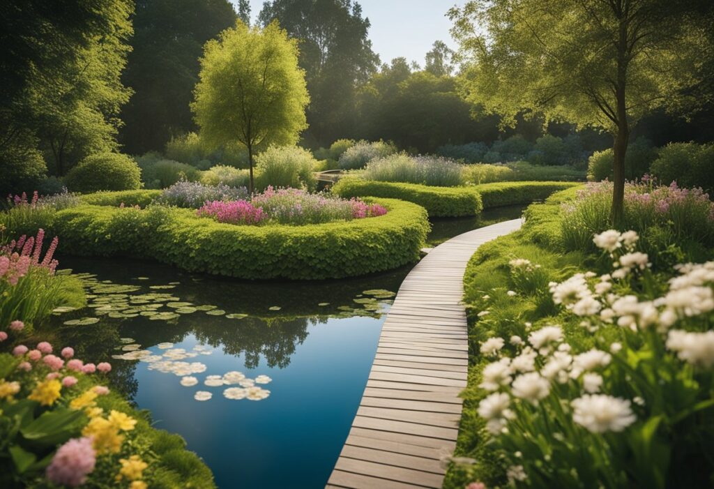 A peaceful garden with a winding path, surrounded by blooming flowers and lush greenery, with a serene pond in the center reflecting the clear blue sky above