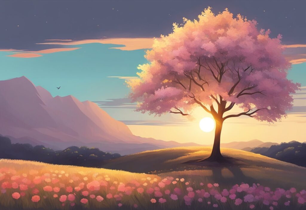 A serene landscape with a lone tree, surrounded by blooming flowers. The sun is setting, casting a warm glow over the scene, evoking a sense of peace and contemplation