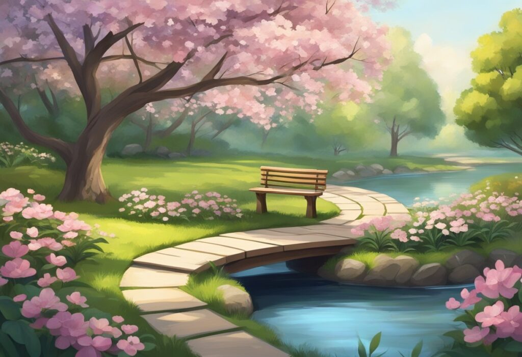 A serene garden with a winding path, a bench under a blossoming tree, and a gentle stream flowing nearby, evoking a sense of peace and tranquility