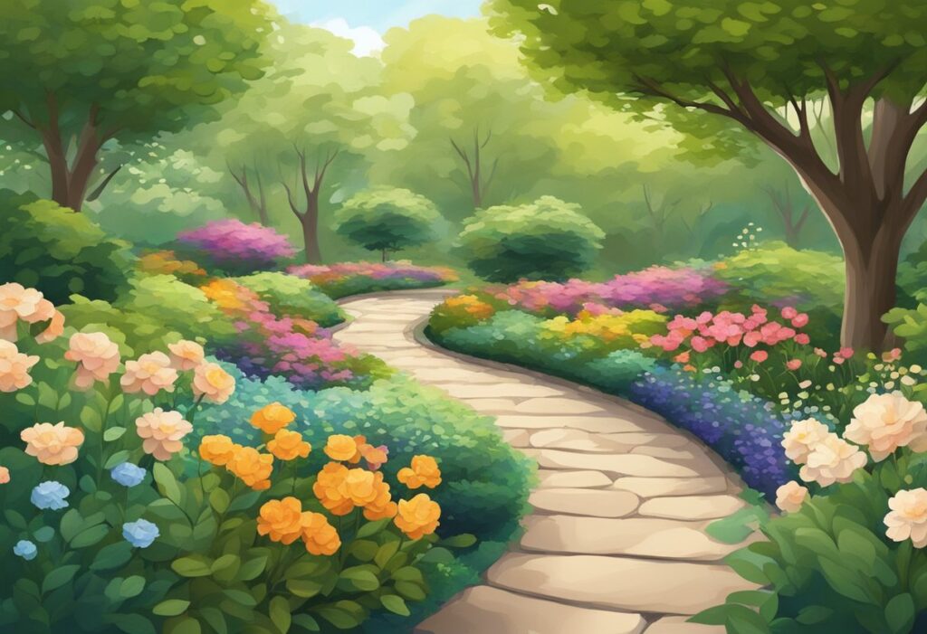 A serene garden with a winding path, surrounded by colorful flowers and greenery. A gentle breeze rustles the leaves, creating a sense of calm and peace