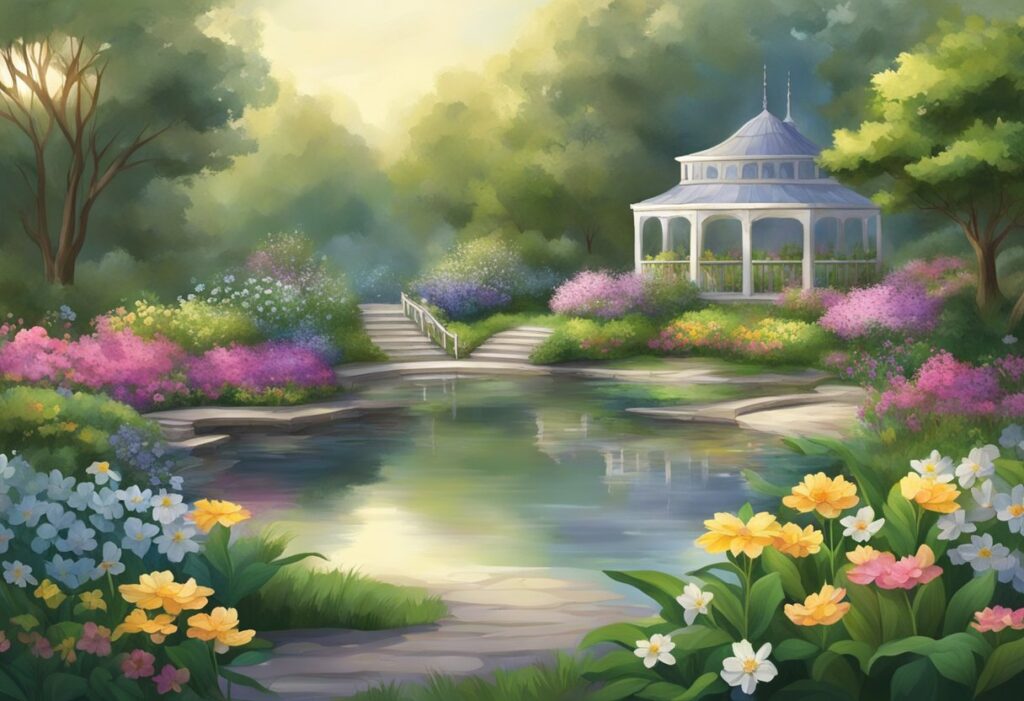A serene garden with blooming flowers and a peaceful pond, surrounded by gentle, flowing streams. A peaceful place to reflect upon grief