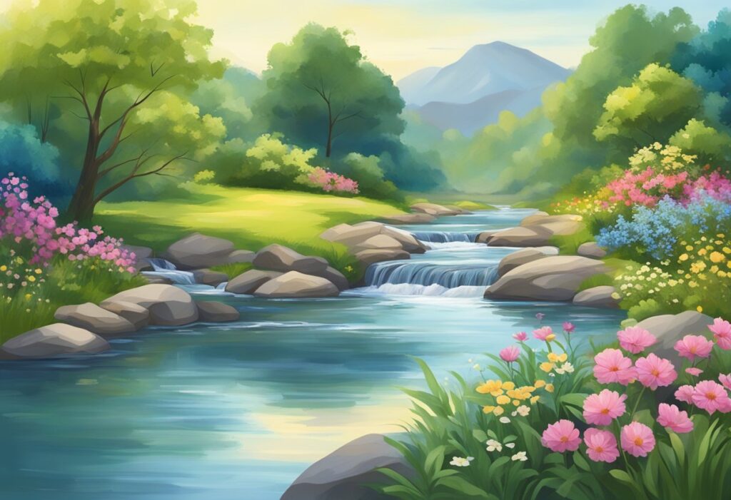 A serene landscape with a tranquil stream, surrounded by lush greenery and colorful flowers, under a clear blue sky