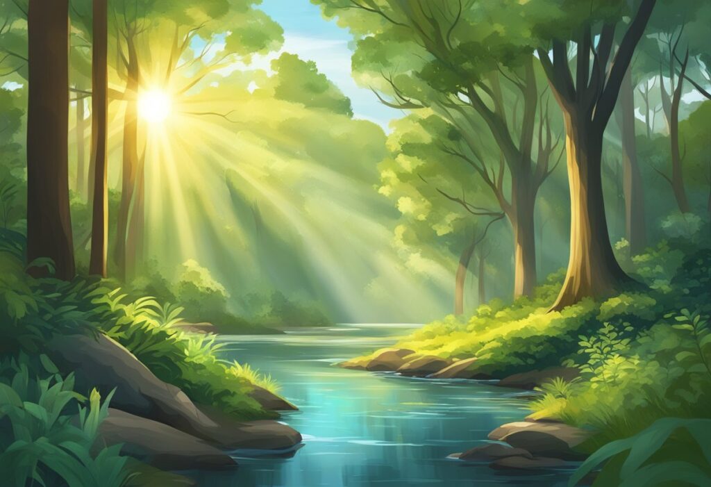 A serene forest with sunlight filtering through the canopy, illuminating a tranquil stream and vibrant flora
