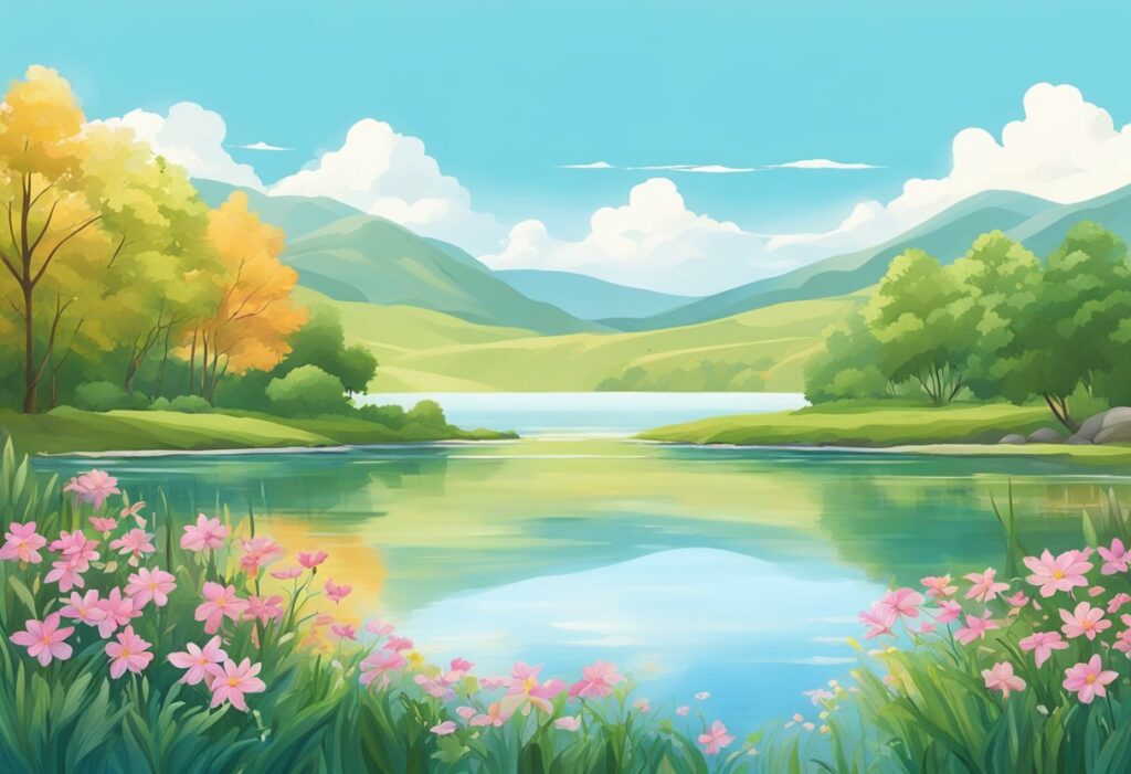 A serene landscape with a calm lake, surrounded by lush greenery and colorful flowers, under a clear blue sky
