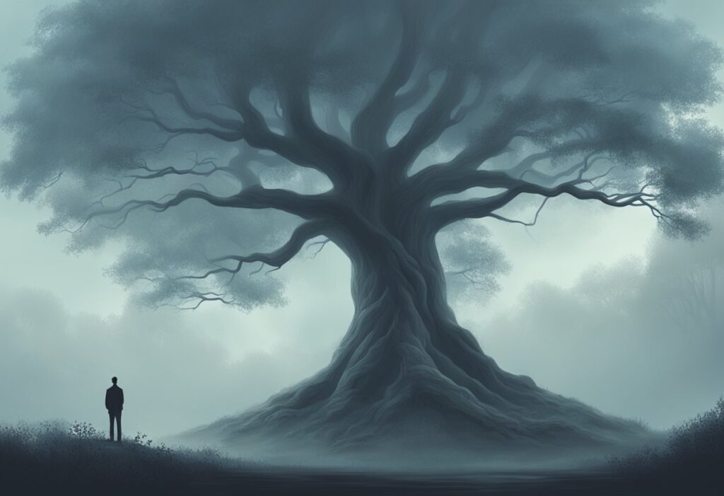 A lone tree stands in a misty forest, its branches drooping with weight. The atmosphere is heavy and somber, with a sense of solitude and introspection
