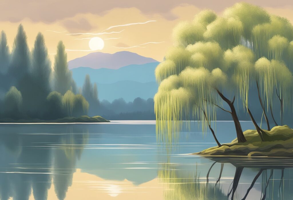 A serene lake reflecting a cloudy sky, surrounded by drooping willow trees and a lone, wilting flower