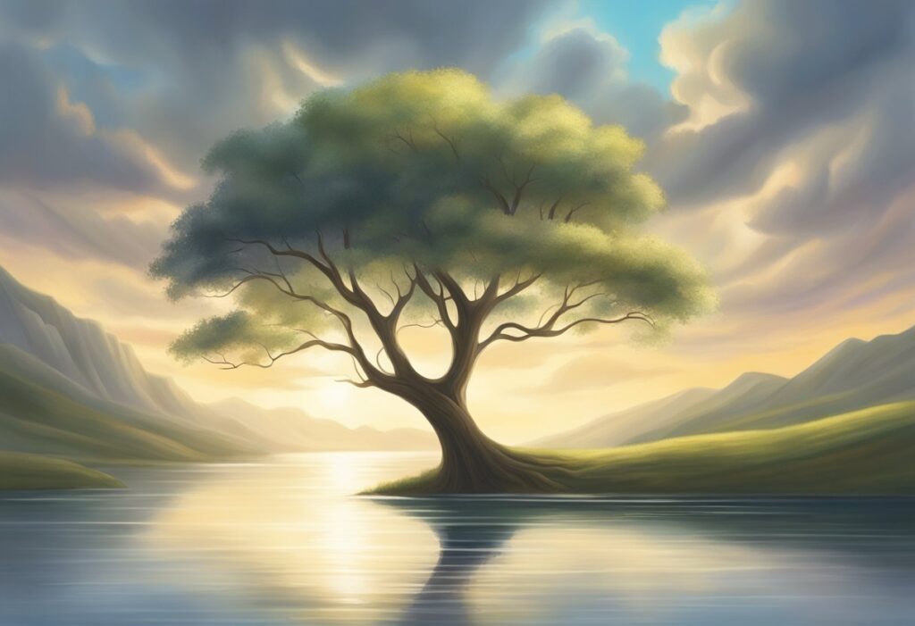 A serene landscape with a lone tree, surrounded by gentle flowing water, and soft sunlight breaking through the clouds, evoking a sense of mindfulness and calmness amidst the backdrop of sadness
