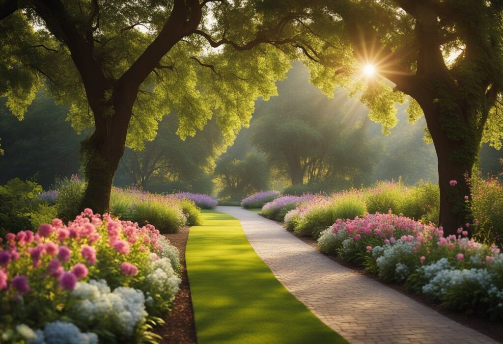 A serene garden path lined with vibrant flowers and tall trees, bathed in the soft glow of the morning sun, awaits the mindful steps of a walking meditation