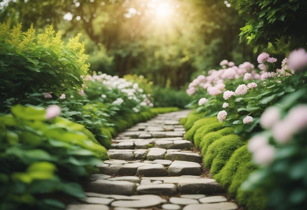 A serene garden path with winding stones, surrounded by lush greenery and blooming flowers, with a gentle breeze rustling the leaves