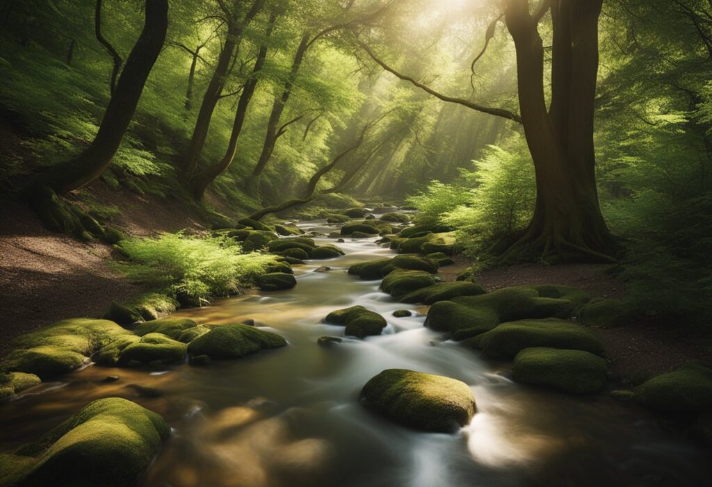 A serene path winds through a peaceful forest, dappled sunlight filtering through the trees. A gentle stream trickles nearby, birdsong fills the air