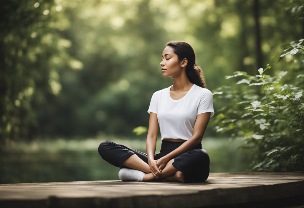 A serene figure sits cross-legged, surrounded by nature. Their eyes are closed, and they appear to be deeply focused on their breath. The atmosphere is calm and peaceful, with gentle sounds of nature in the background
