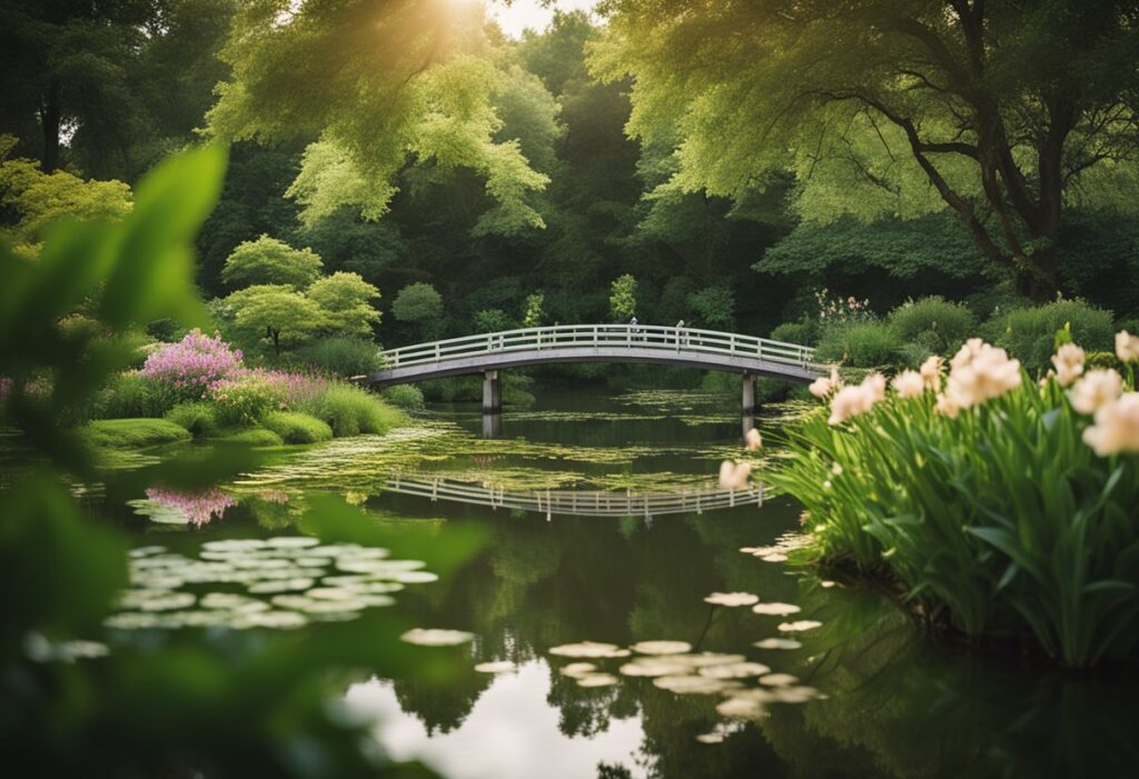 mindful meditation location lovely pond with bridge surrounded by flowers