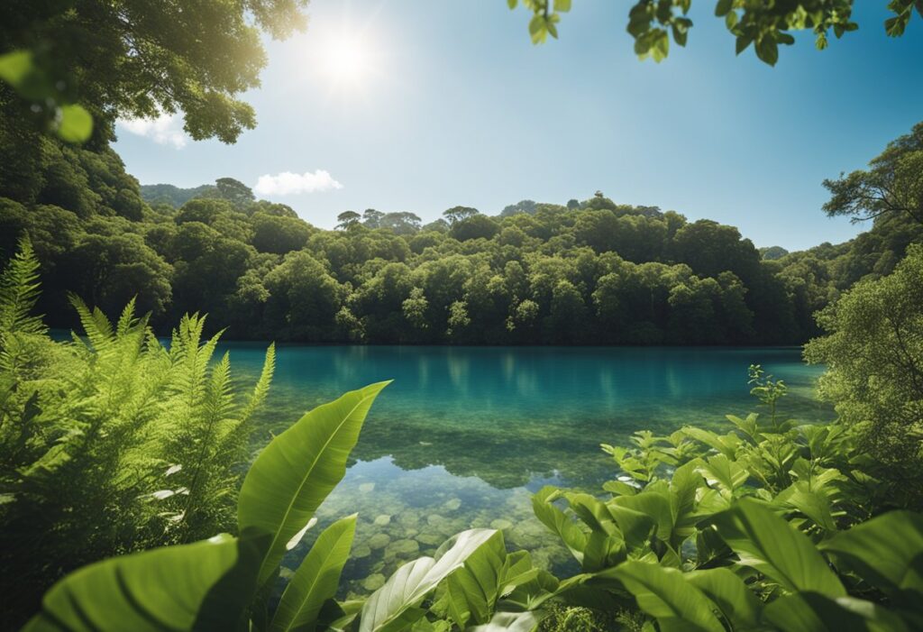 A serene natural setting with a peaceful atmosphere, featuring a still body of water, lush greenery, and a clear blue sky for mindfulness meditation