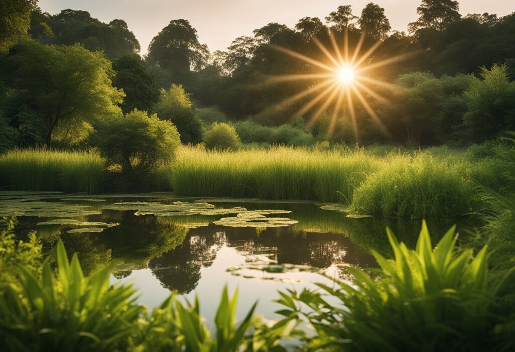 A serene landscape with a tranquil pond surrounded by lush greenery, with the sun setting in the background, creating a peaceful and calming atmosphere for mindfulness meditation
