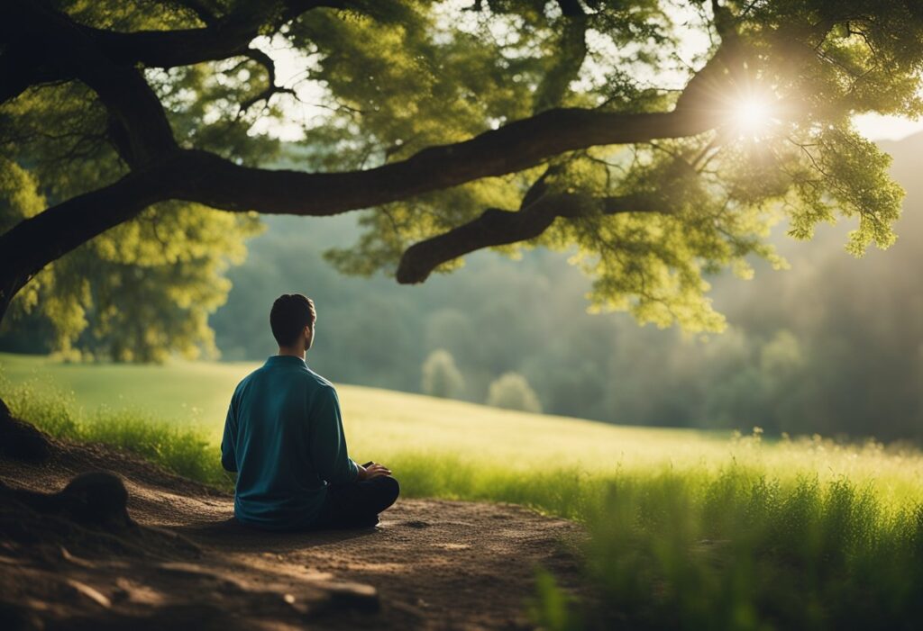 A serene setting with a person meditating in a peaceful environment, surrounded by nature and calmness, with a sense of tranquility and focus