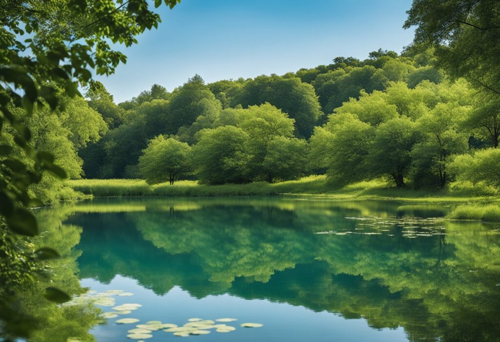 A serene natural landscape with calm water, lush greenery, and a clear blue sky, evoking a sense of peace and tranquility for mindfulness meditation