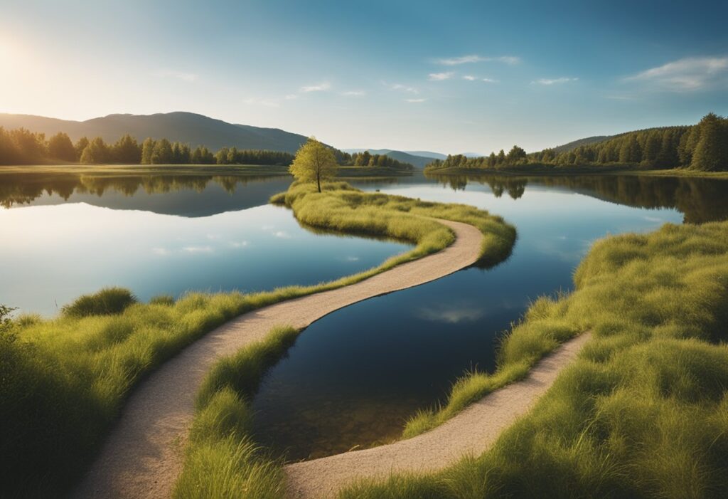 A serene landscape with a winding path, a calm lake, and a clear blue sky, evoking a sense of peace and tranquility