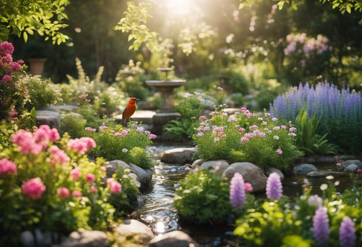 A serene garden with colorful flowers, a trickling stream, chirping birds, and the scent of fresh earth and blooming plants