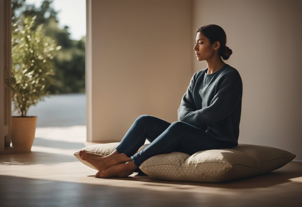 A person sits cross-legged on a cushion, back supported by a pillow. Eyes closed, hands resting on knees. Surrounding the figure, peaceful and serene atmosphere with soft lighting and calming colors