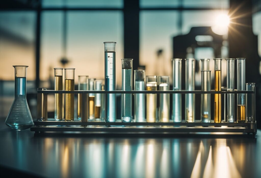A lab table with test tubes, beakers, and scientific equipment. A serene environment with soft lighting and a peaceful atmosphere