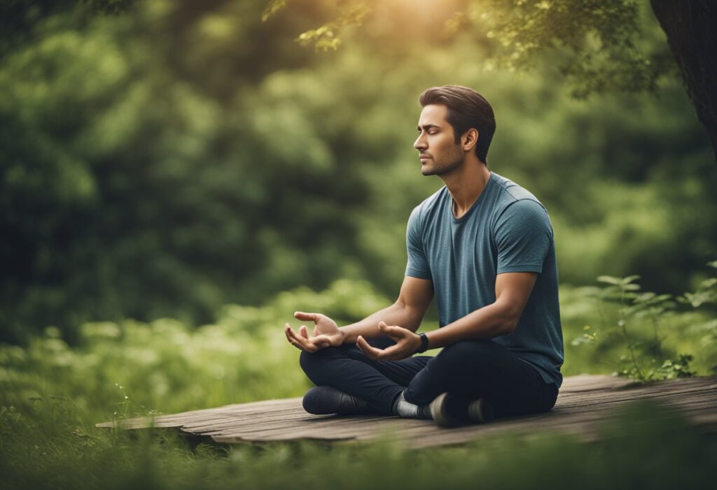 A person sitting cross-legged, eyes closed, surrounded by serene nature, with a peaceful expression, representing meditation for depression