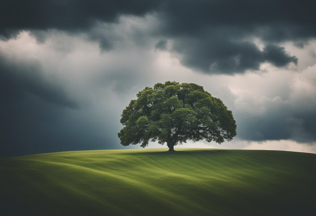 A serene landscape with a lone tree standing strong amidst stormy clouds, symbolizing the challenges and considerations of meditation for depression
