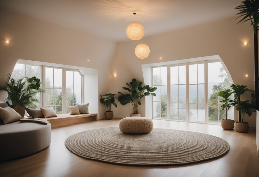 A serene room with soft lighting, cushions arranged in a circle, and gentle instrumental music playing for a guided meditation session