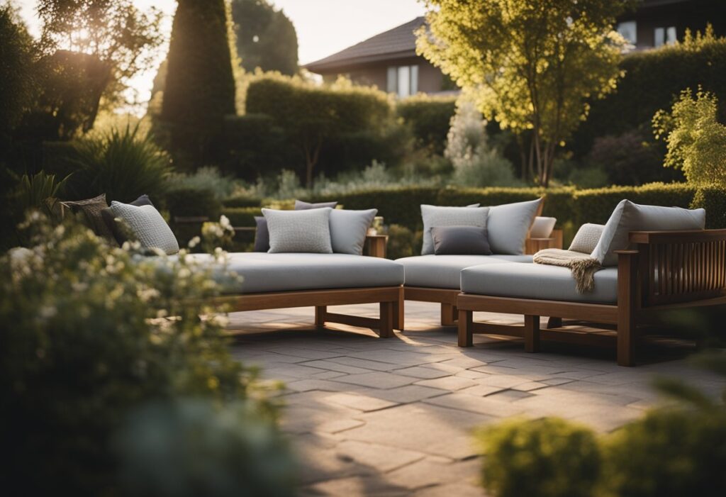A serene patio with soft lighting, comfortable cushions, and a tranquil atmosphere. 