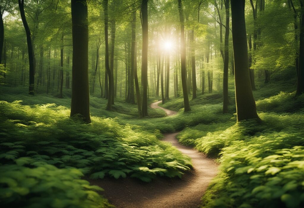 A tranquil forest with a winding path, surrounded by tall trees and dappled sunlight, creating a peaceful and serene atmosphere for meditation