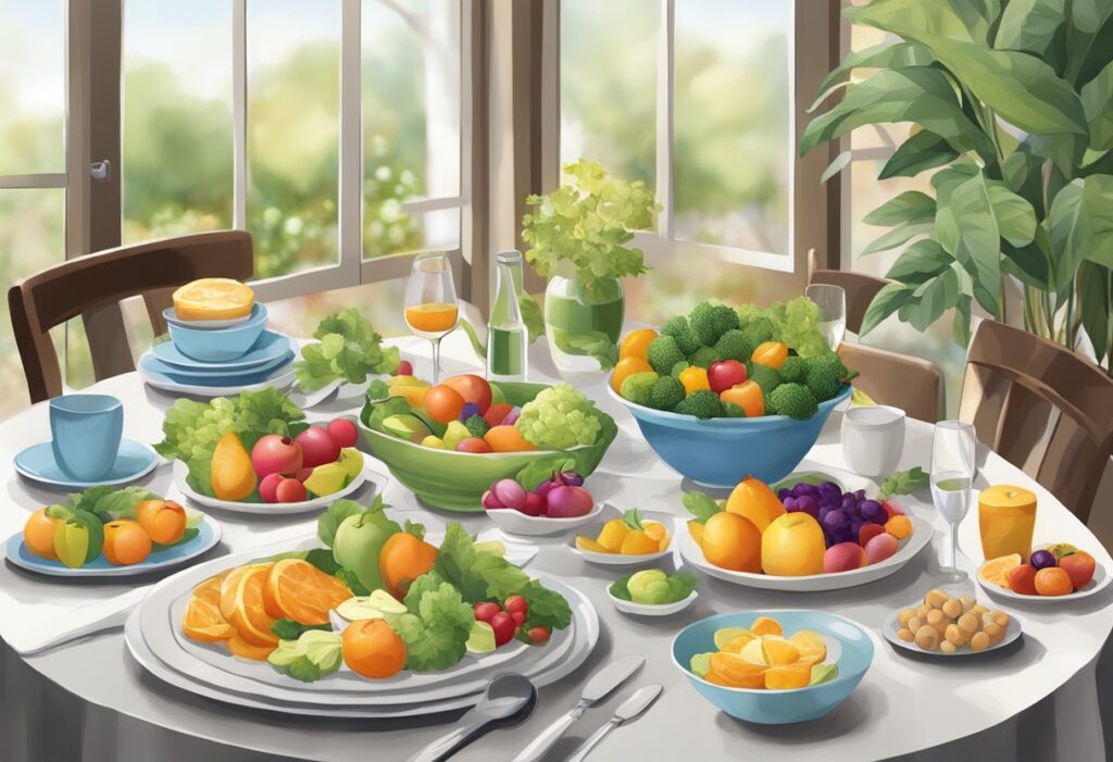 A serene table setting with a variety of colorful, fresh foods arranged in an artful and inviting manner
