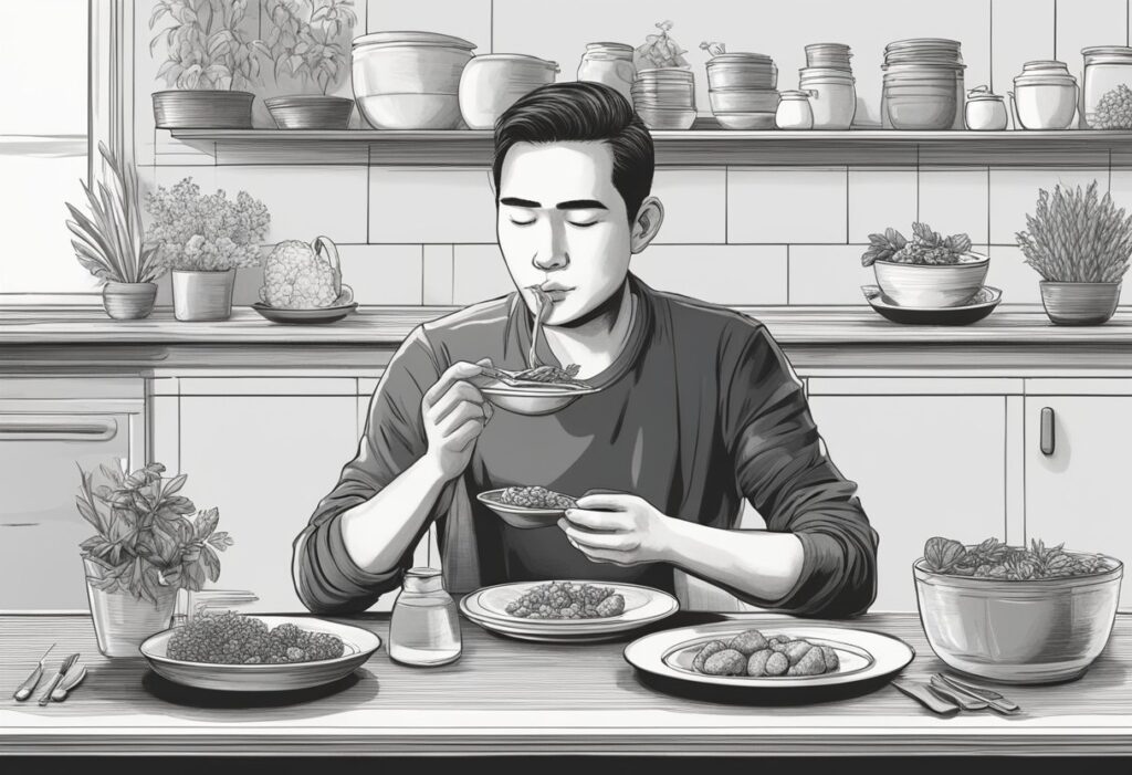 A person sits at a table with a balanced meal, focusing on each bite, savoring the textures and flavors. They eat slowly, mindful of their body's hunger cues