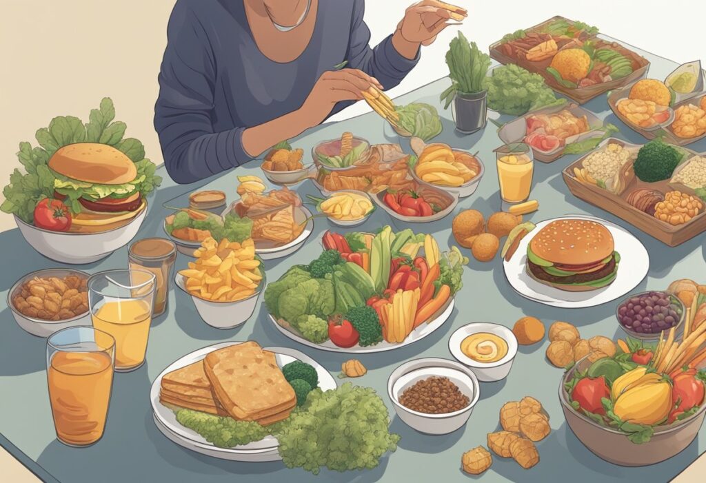 A person sits at a table with a variety of healthy and unhealthy food options in front of them. They are using mindful eating techniques to focus on the sensory experience of each bite