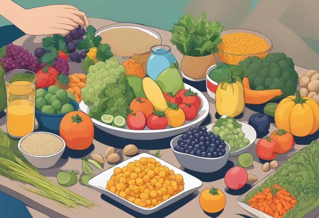 A variety of colorful fruits, vegetables, grains, and proteins arranged on a table, with a person sitting in front of it, taking a moment to appreciate the food before eating