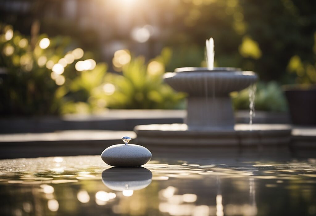 A serene setting with a cushion on the floor, soft lighting, and a tranquil atmosphere. A small fountain trickles in the background, creating a peaceful ambiance for meditation