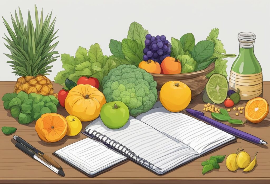 A table set with colorful fruits, vegetables, and utensils for mindful eating. A journal and pen sit nearby
