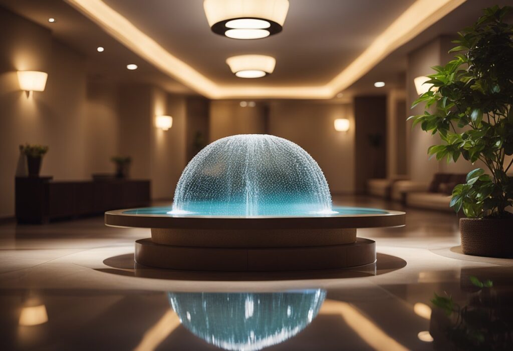 A serene room with soft lighting, a comfortable cushion on the floor, and a small fountain trickling in the background