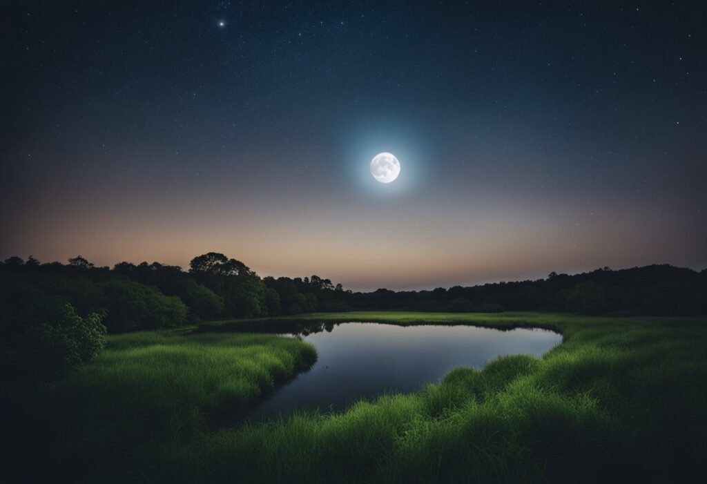 A serene night sky with a full moon casting a gentle glow over a peaceful landscape. A tranquil pond reflects the starry sky, surrounded by lush greenery and a sense of calm