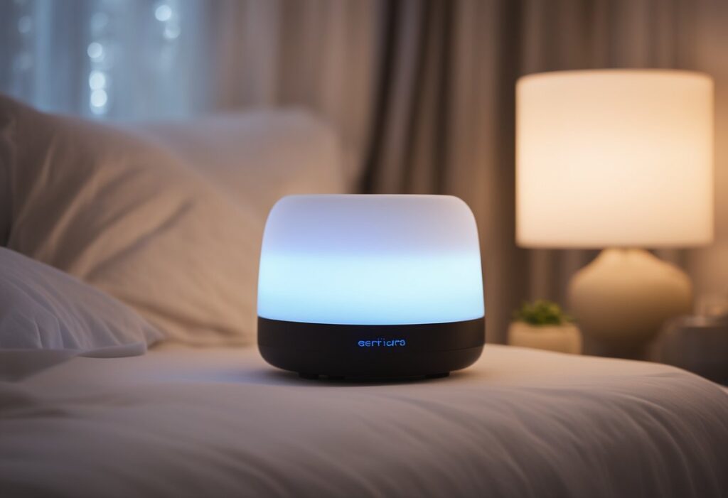 A serene bedroom with dim lighting, a cozy bed, and a nightstand holding a calming essential oil diffuser. A soft, soothing music playing in the background