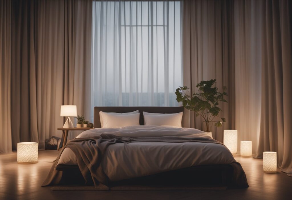 A serene bedroom with soft, dim lighting. A person lies peacefully in bed, eyes closed, as soothing meditation music plays in the background
