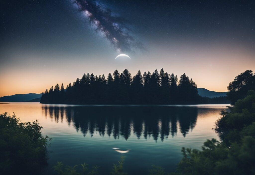 A serene night sky, with a crescent moon and twinkling stars, overlooking a calm, reflective body of water, surrounded by lush, tranquil nature